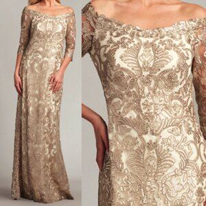 NWT Tadashi shoji JEMISON SEQUIN EMBROIDERED GOWN DRESS ATV18236L Pumice Latte